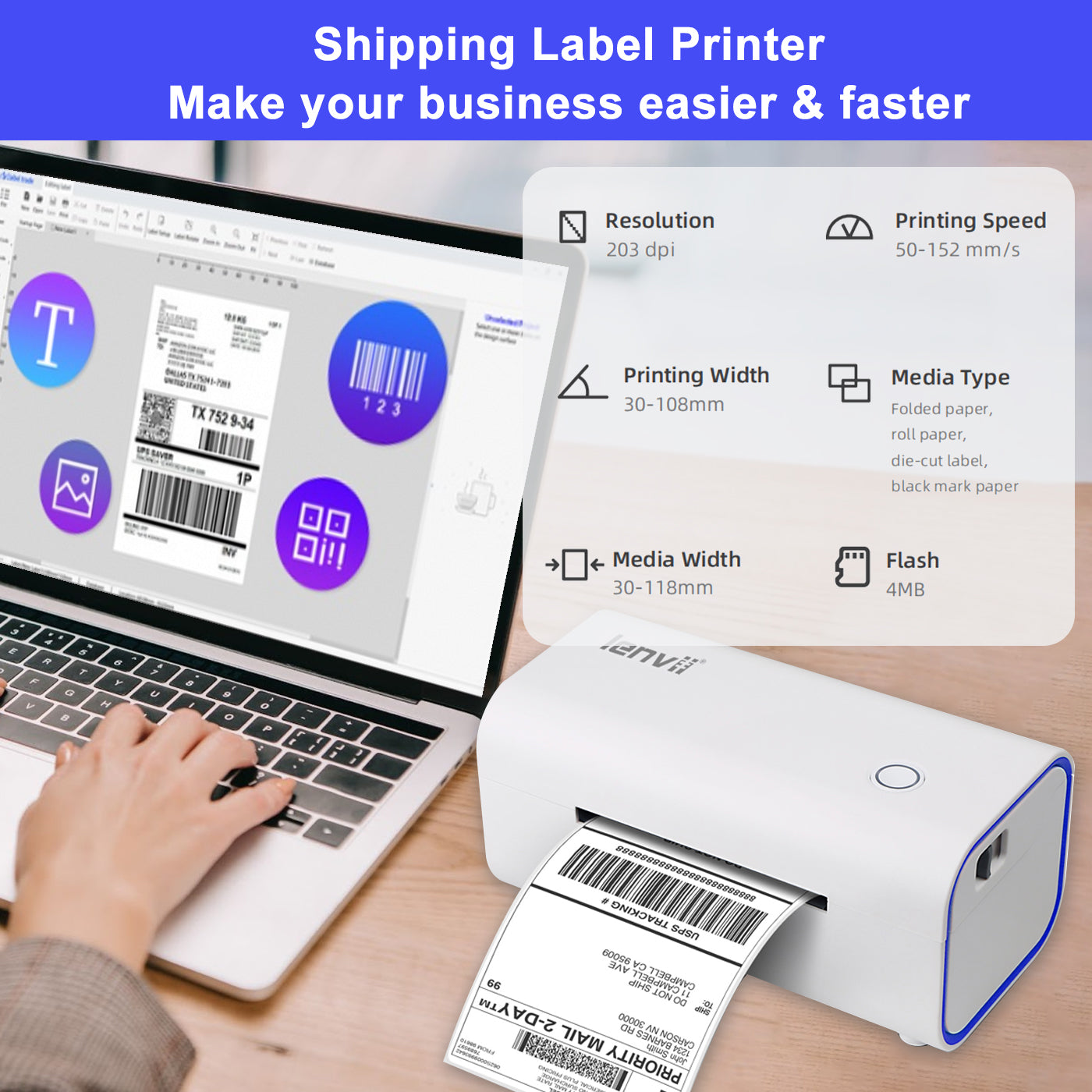 LV-1300 80mm Thermal Label Printer - USB + Bluetooth Shipping Label Printer