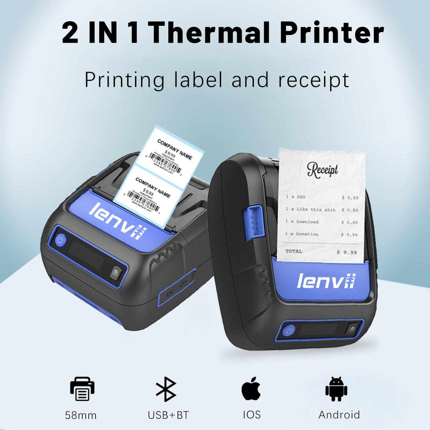 LENVII LV-288B 58mm Bluetooth Portable Thermal Label Printer