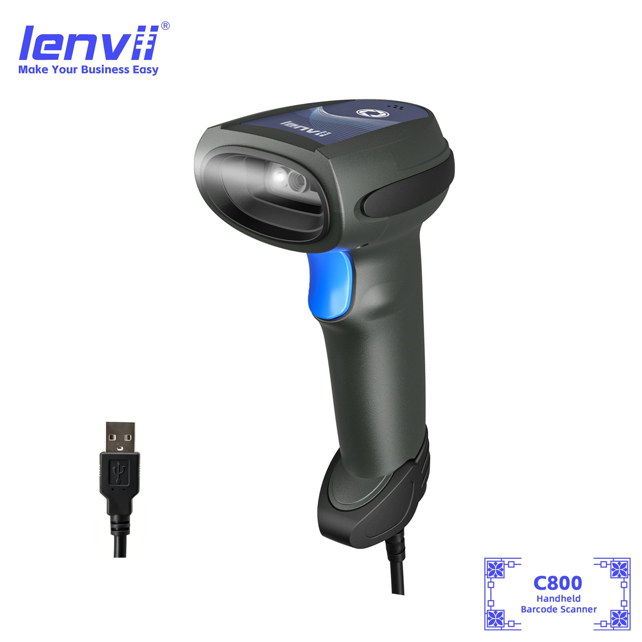 LENVII C800 Wired Barcode Scanner | USB 1D 2D Handheld
