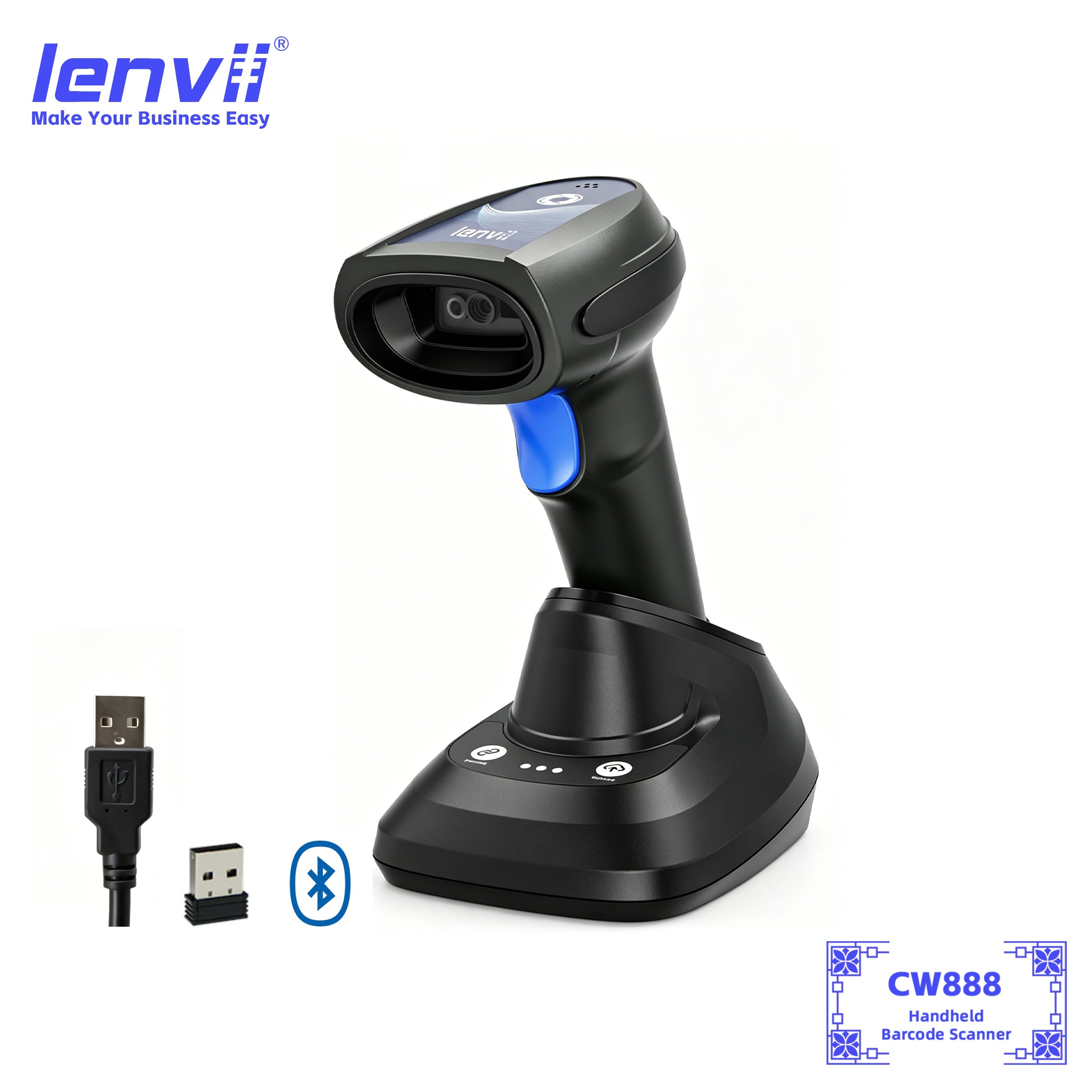 LENVII CW888 Wireless Barcode Scanner – 5M Long-Range 1D & 2D