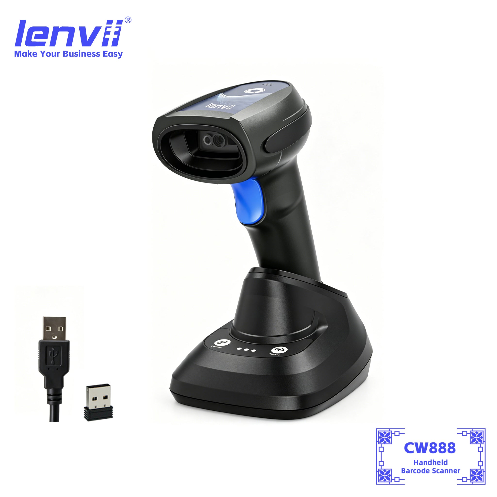 LENVII CW888 Wireless Barcode Scanner – 5M Long-Range 1D & 2D