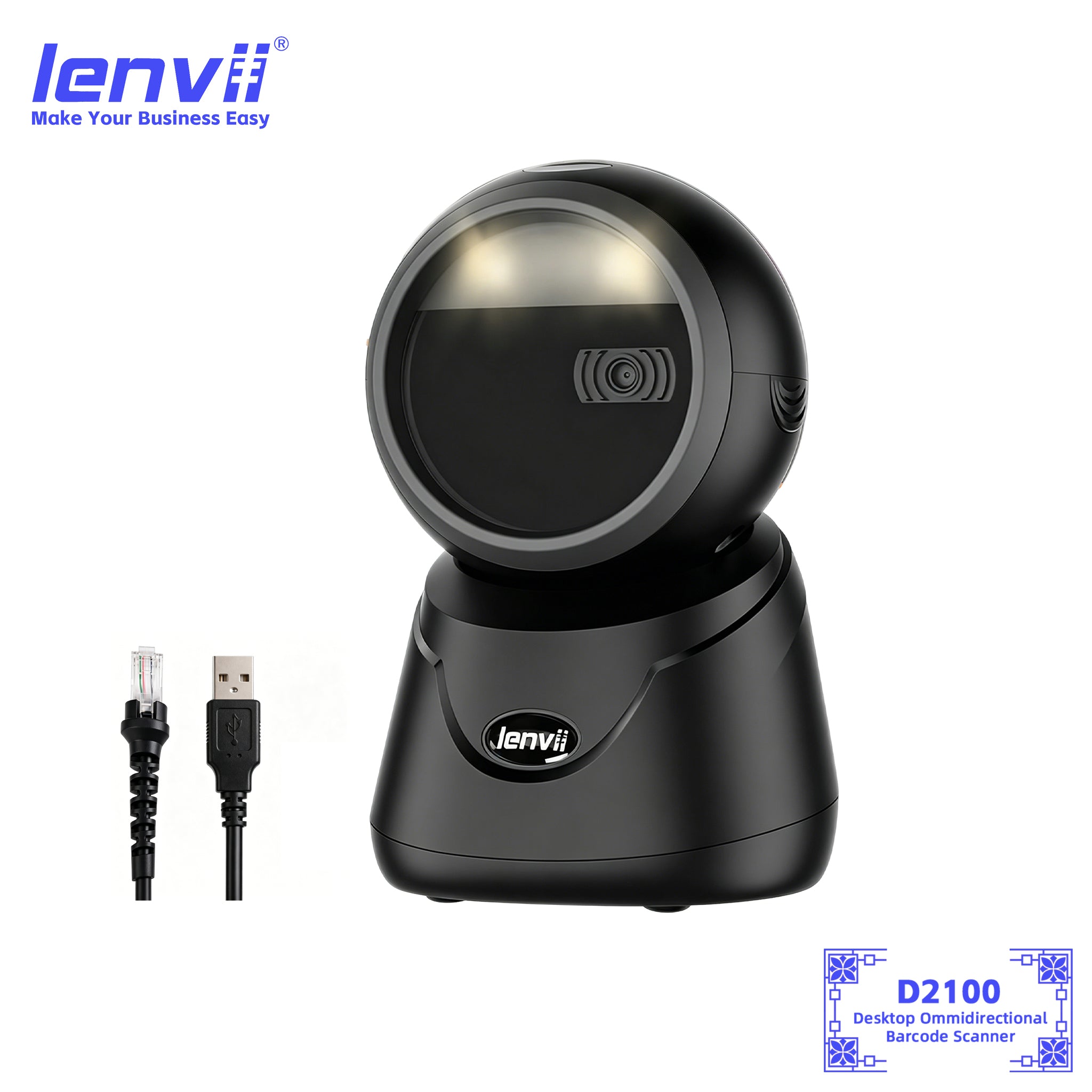 LENVII D2100 Desktop Barcode Scanner | 1D 2D QR USB Hands-Free