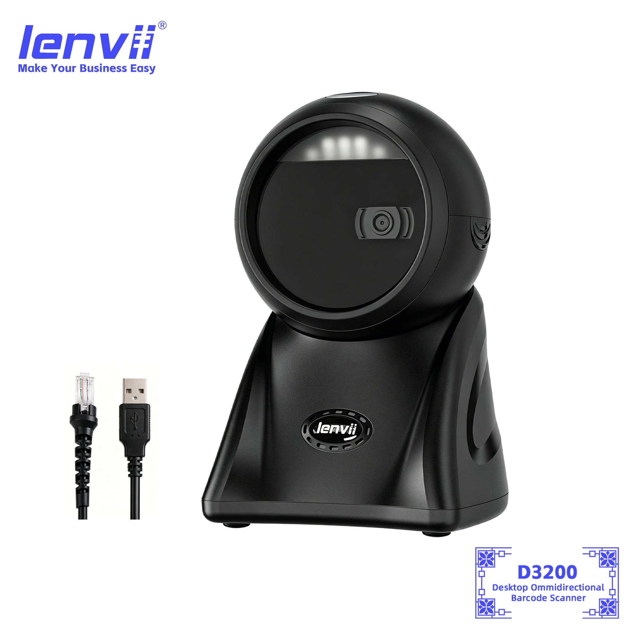 LENVII D3200 Desktop Barcode Scanner Wired USB 1D & 2D
