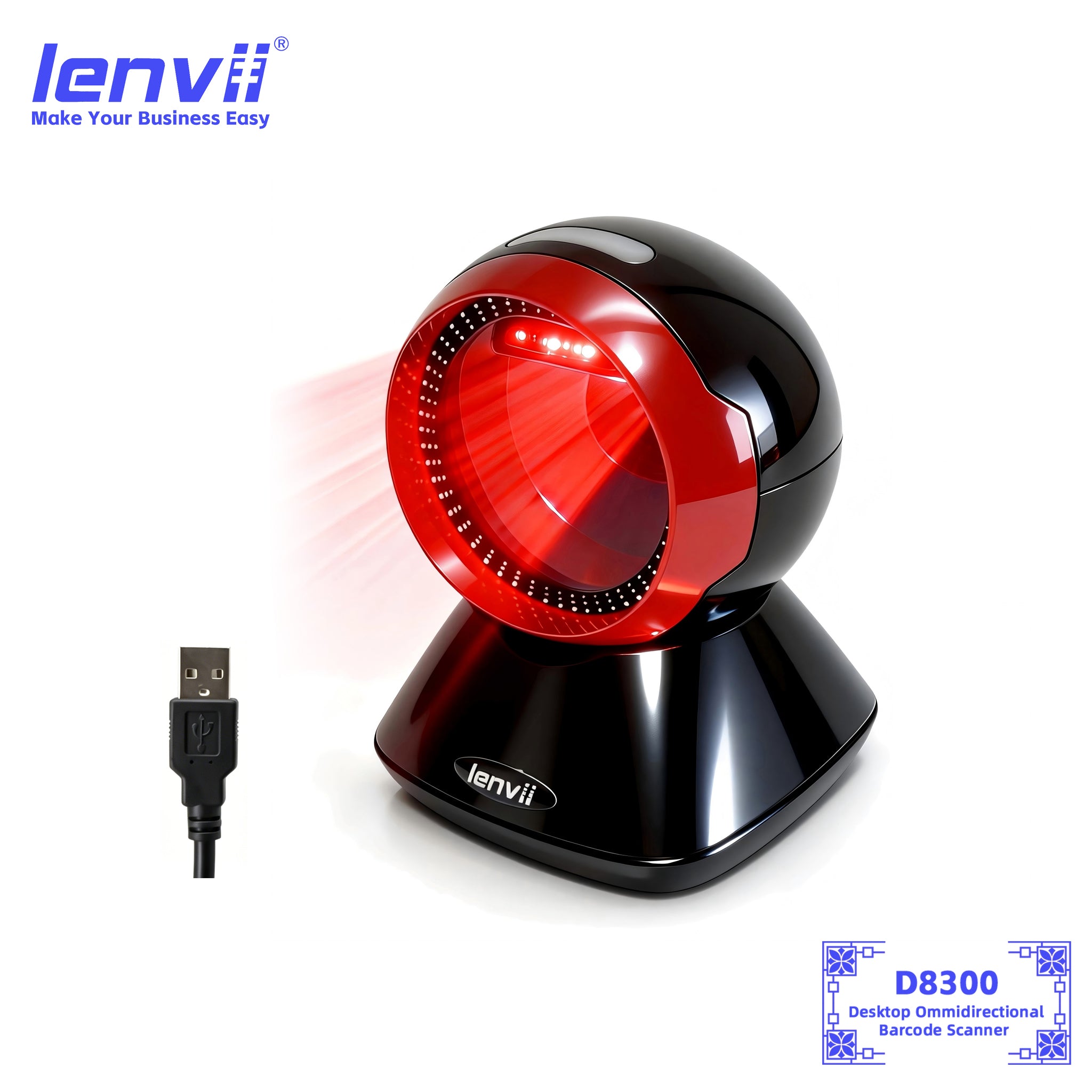 LENVII D8300 Desktop Barcode Scanner | Wired USB 1D 2D QR Reader