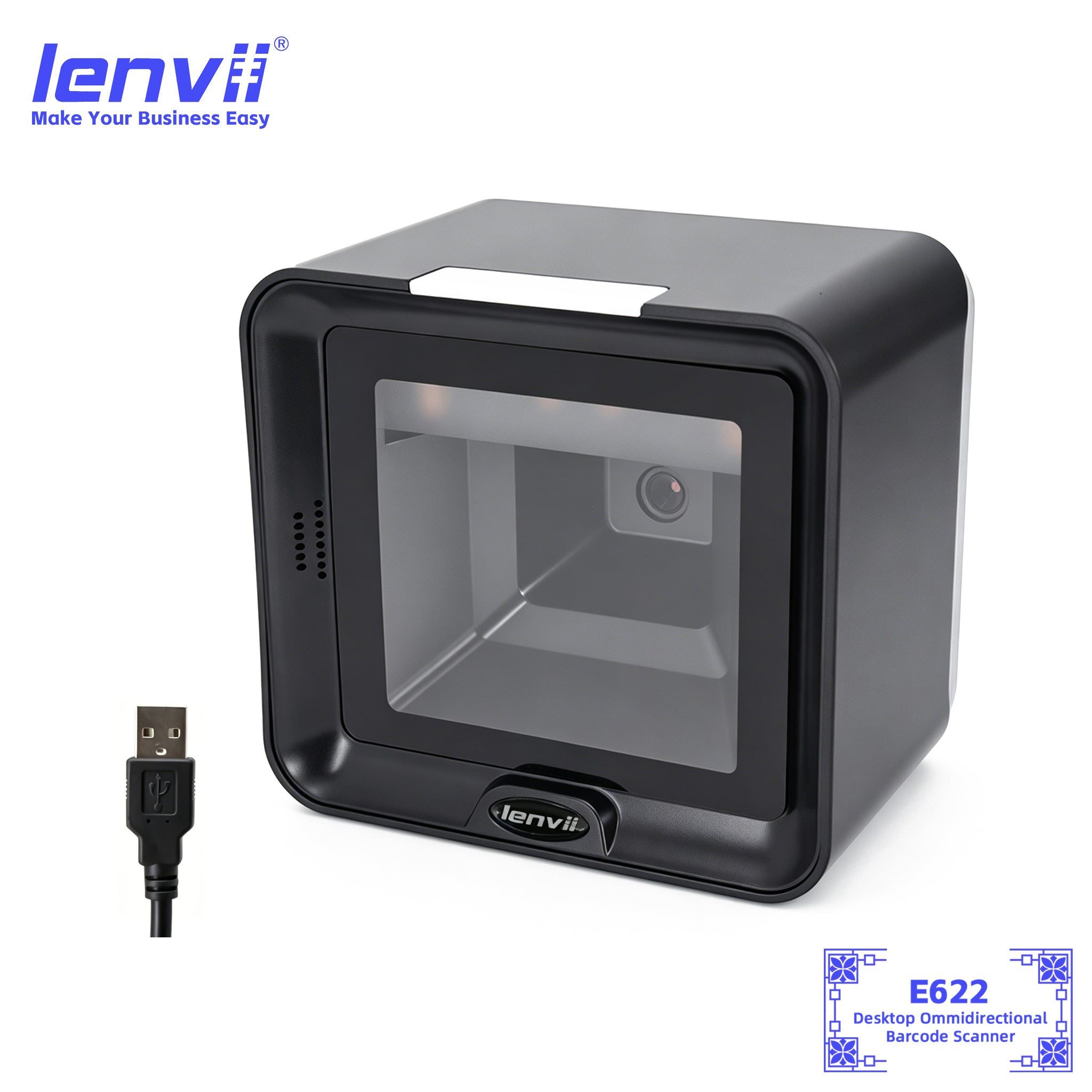 LENVII E622 Desktop Barcode Scanner - Wired USB 1D 2D QR Code Reader