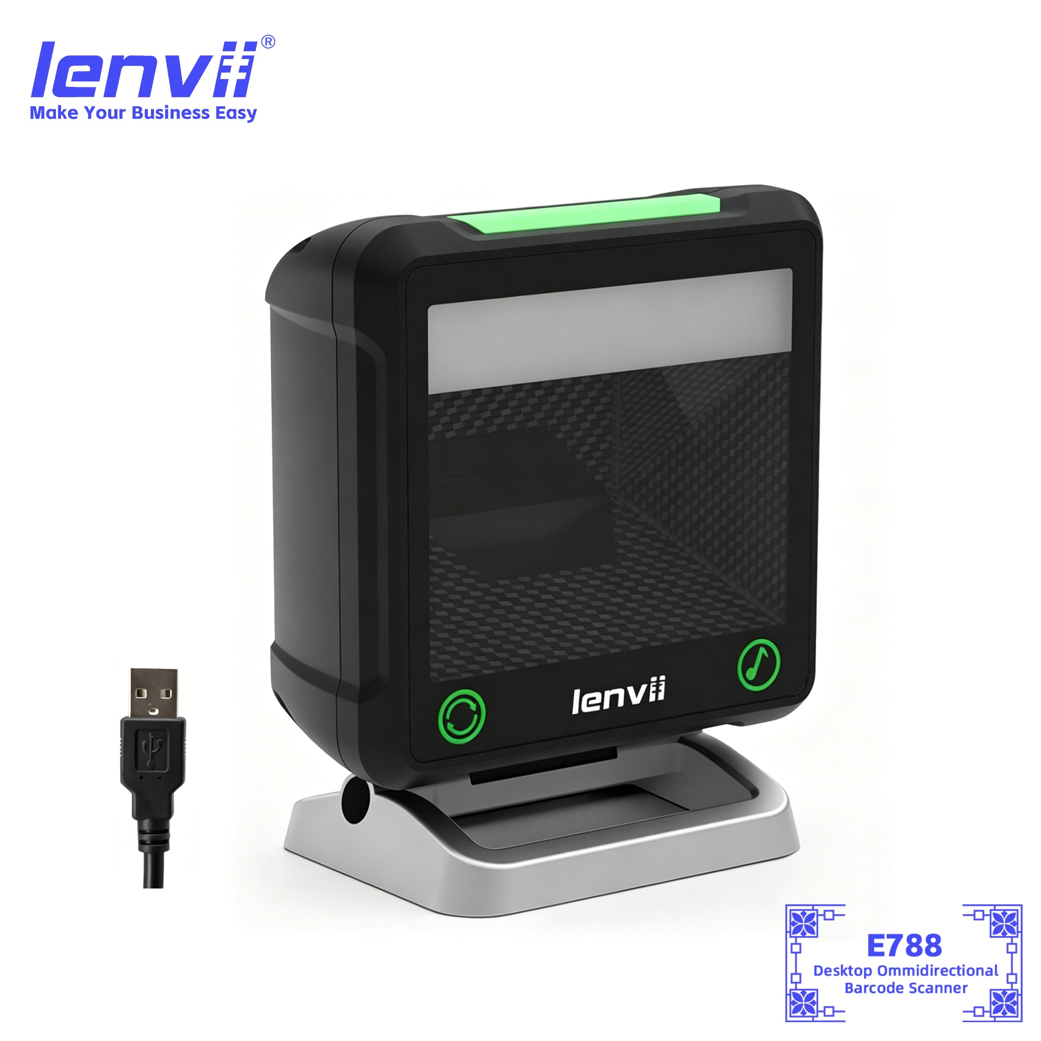 LENVII E788 Wired Desktop Barcode Scanner | 1D & 2D USB