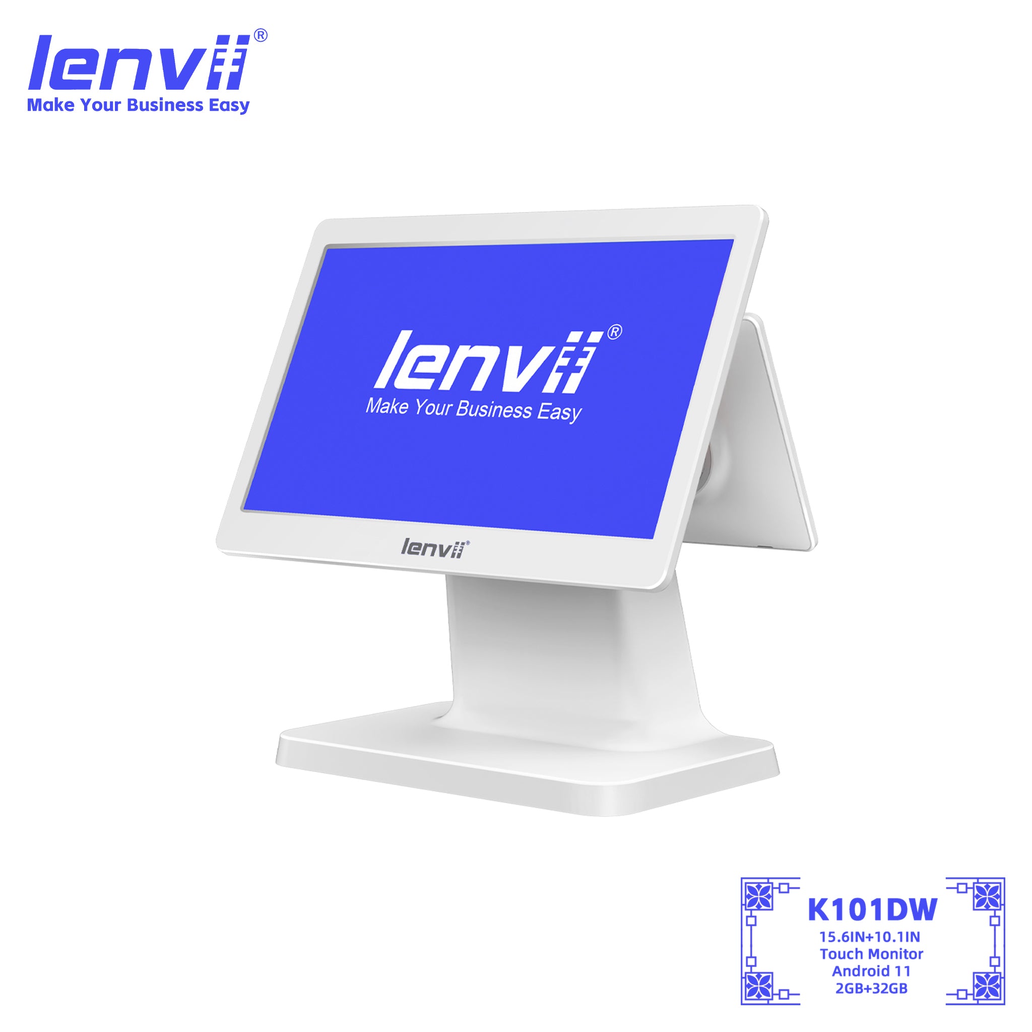 LENVII K101DW Dual-Screen POS Monitor | 15.6" + 10.1" Android