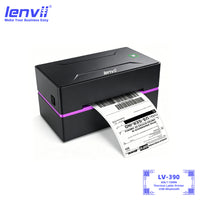 LENVII LV-390BT 4-inch Bluetooth thermal label printer, front view, black, for shipping labels and barcode printing
