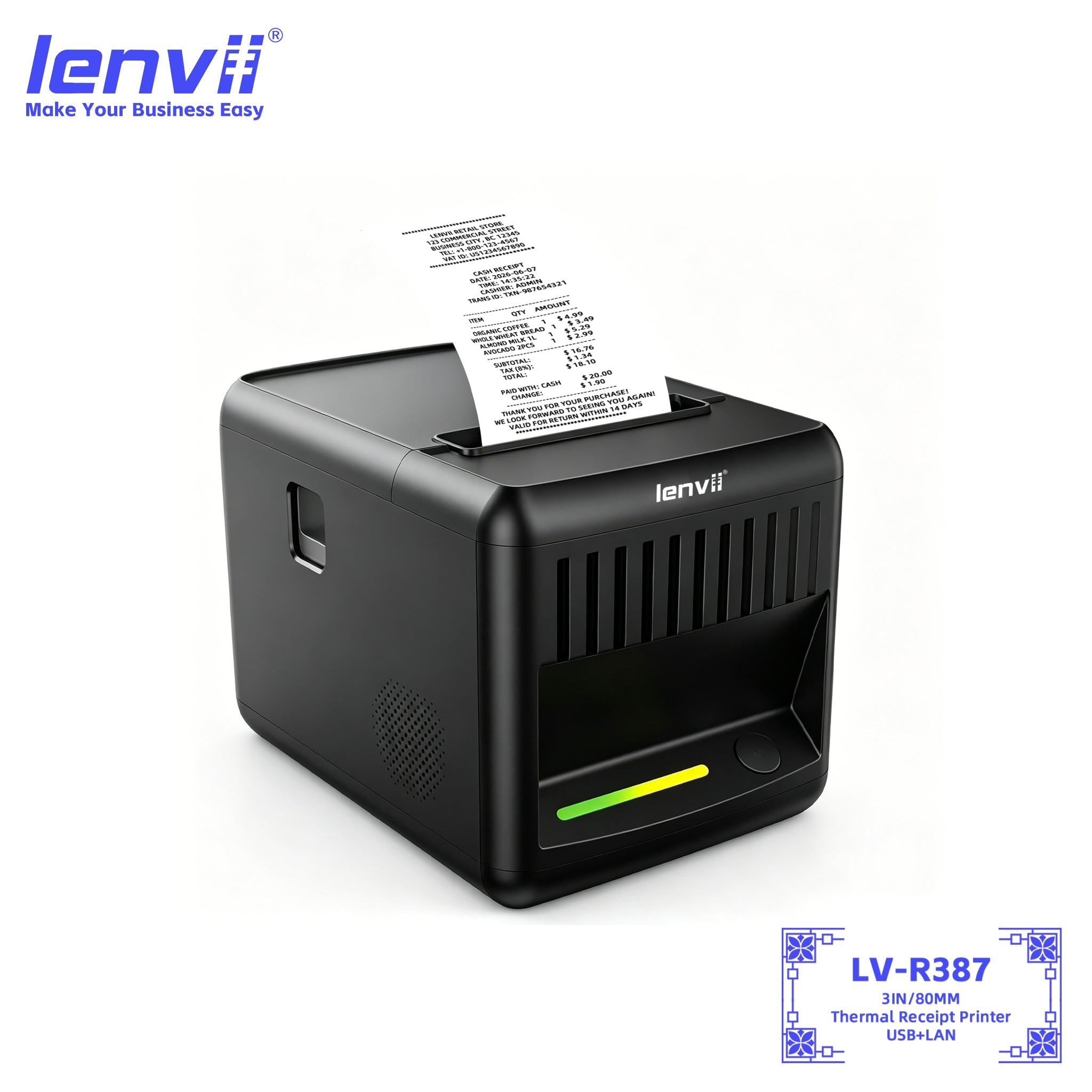LV-R387 80mm Thermal Receipt Printer - USB + Bluetooth POS Printer