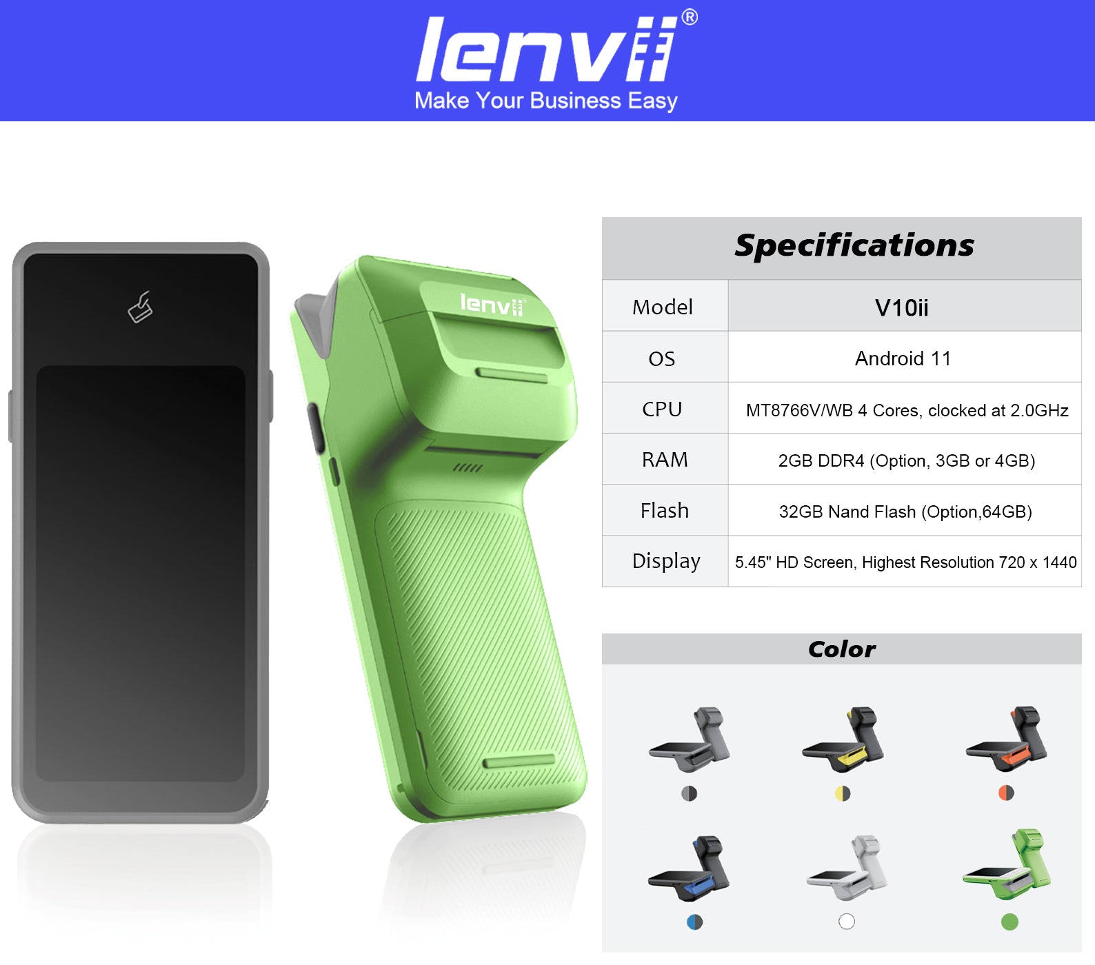 LENVII V10ii Android 14 Handheld POS Terminal | 3GB+32GB