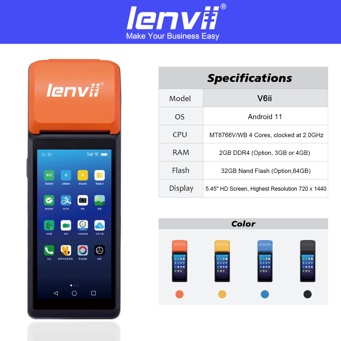 LENVII V6ii Android 14 Handheld POS Terminal | 3GB+32GB