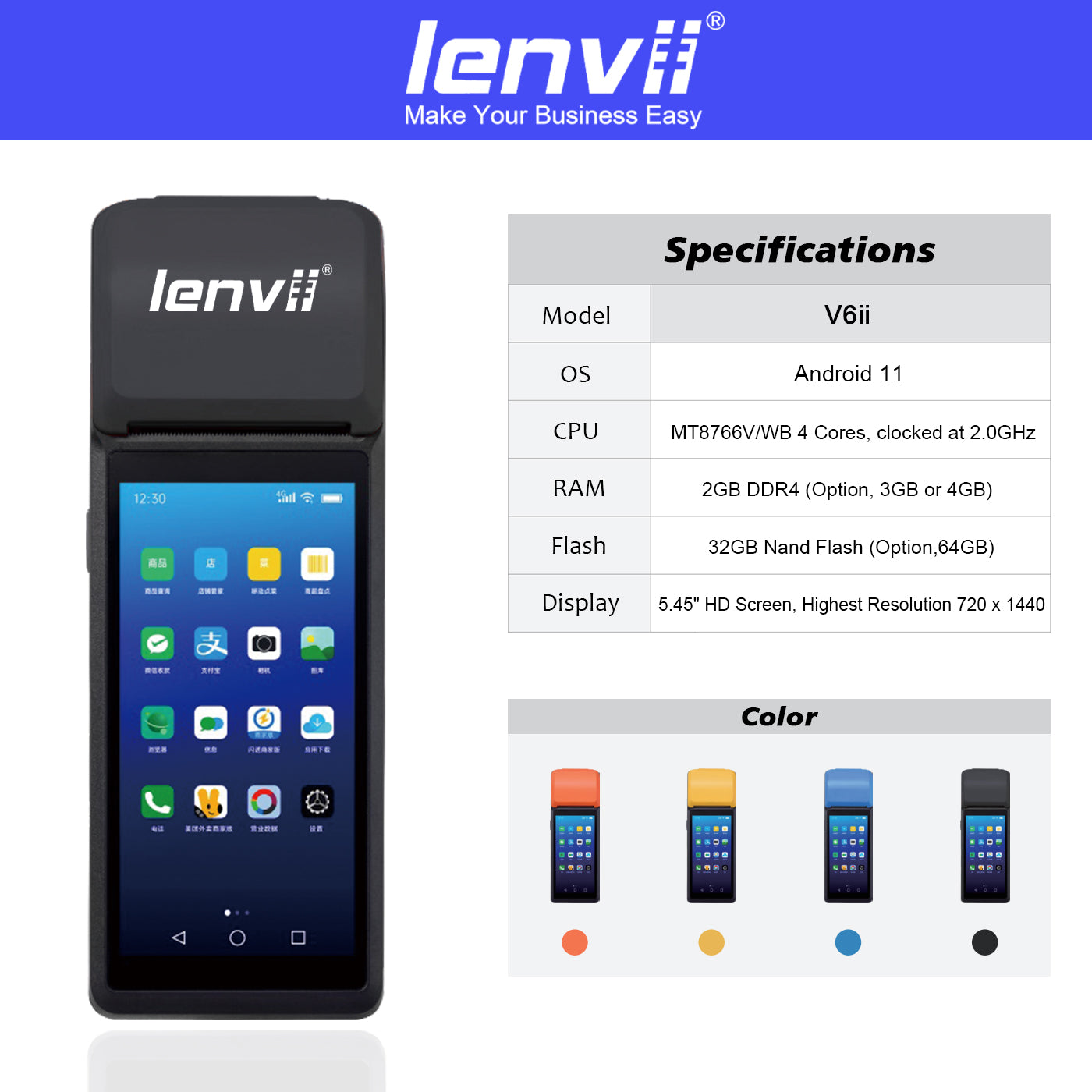 LENVII V6ii Android 14 Handheld POS Terminal | 3GB+32GB