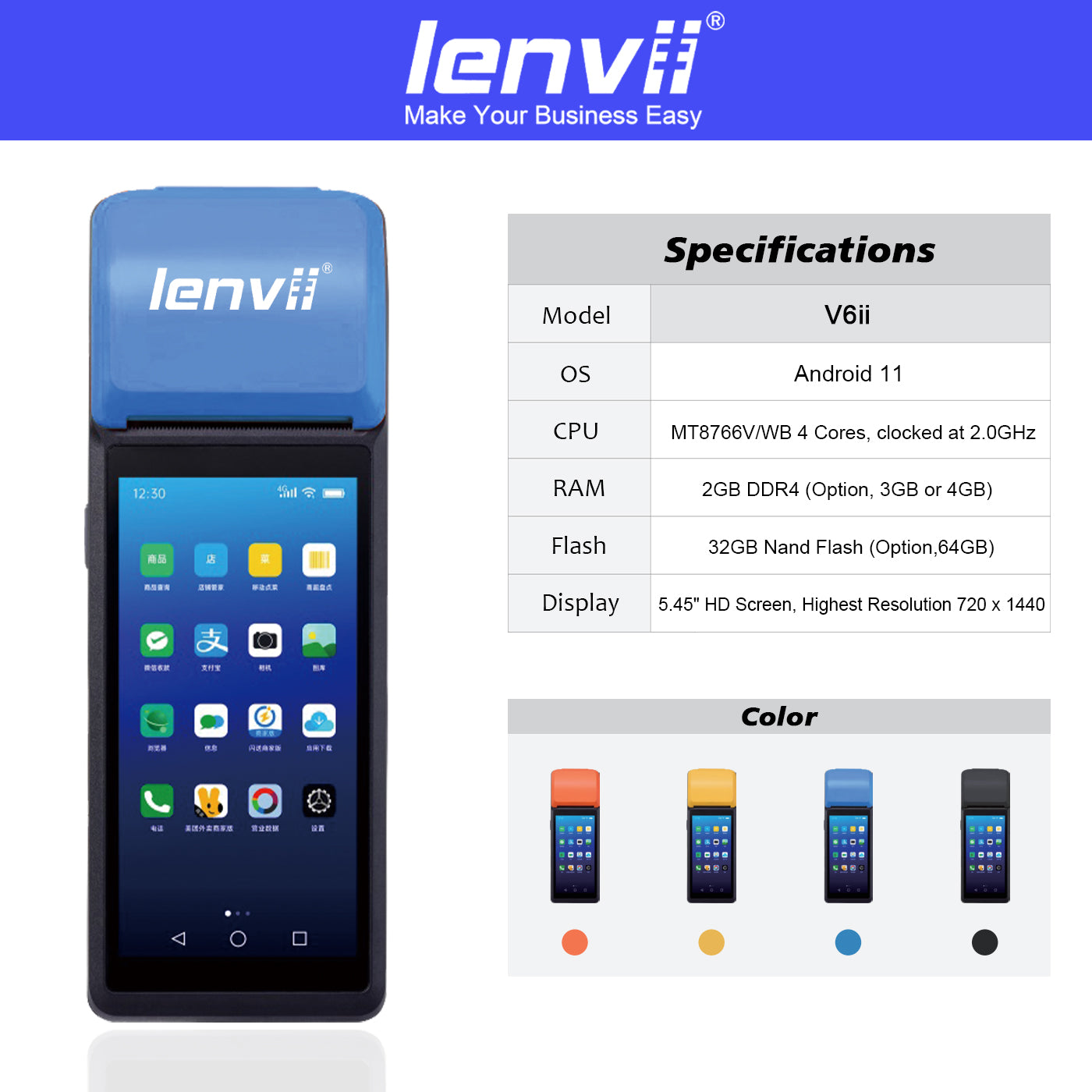 LENVII V6ii Android 14 Handheld POS Terminal | 3GB+32GB