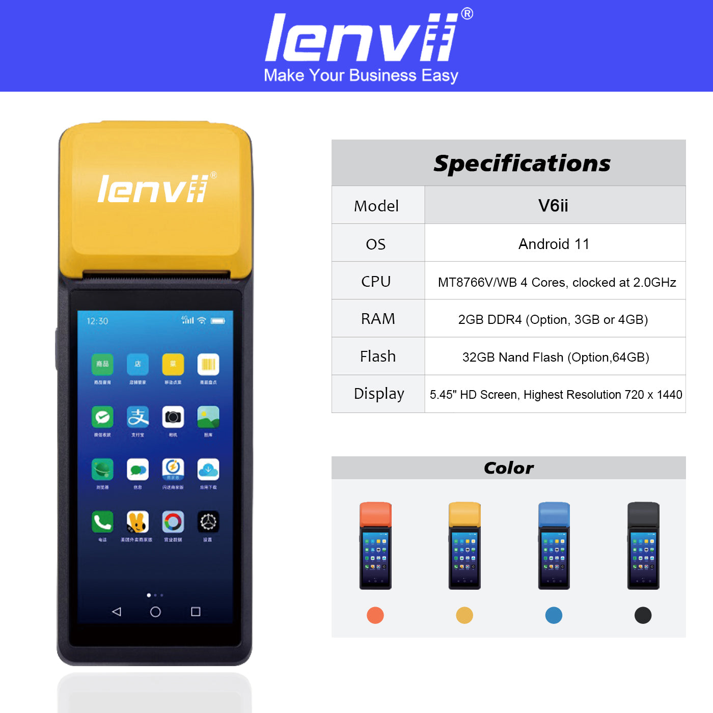 LENVII V6ii Android 14 Handheld POS Terminal | 3GB+32GB