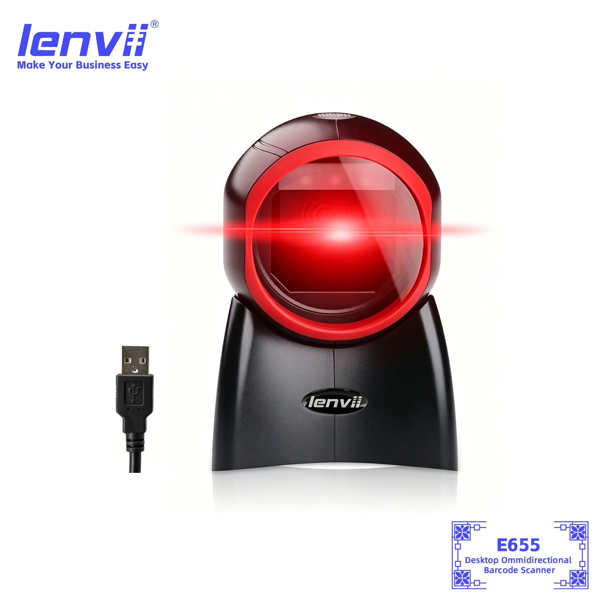 LENVII E655 Desktop Barcode Scanner | USB 1D 2D QR