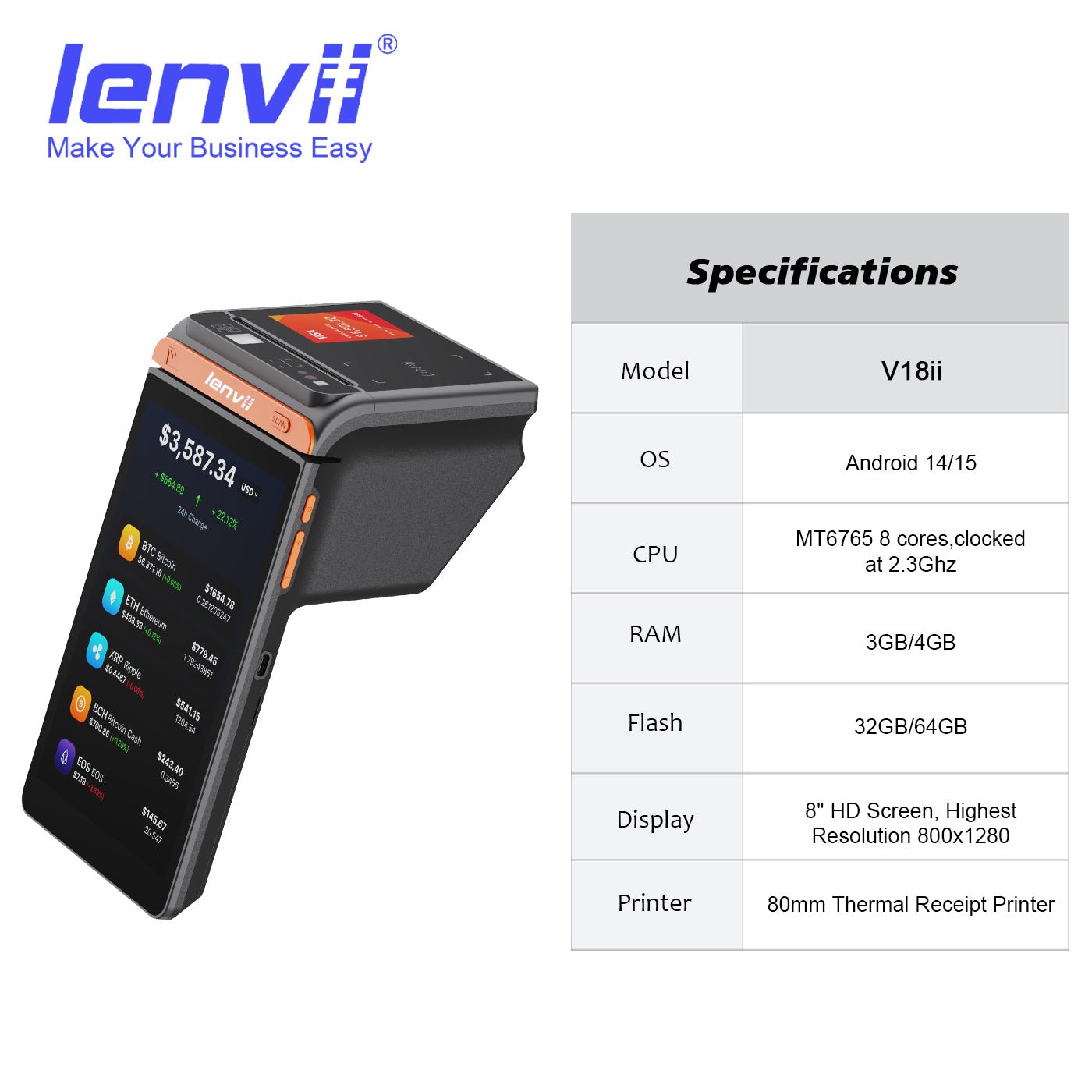 LENVII V18ii Android 14 Handheld POS Terminal | 3GB+32GB